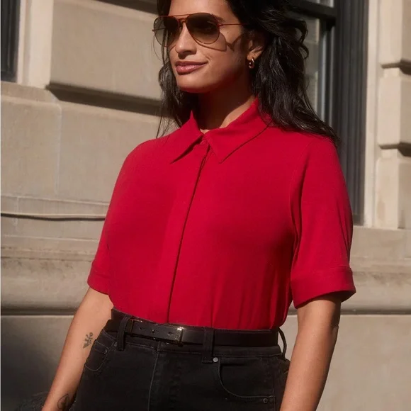 Universal Standard Liquid Jersey Top in Tomato Red - Picture 1 of 5